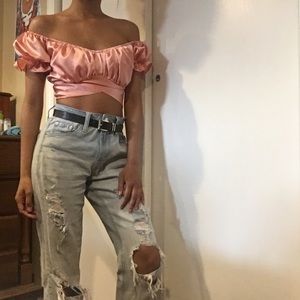 Shein Pink Cuff Satin Ruffle Crop Top Cross Tie